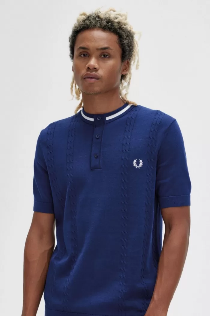 Fred Perry Cable Knit Henley Men’s Shirt French Navy AFQXV7036