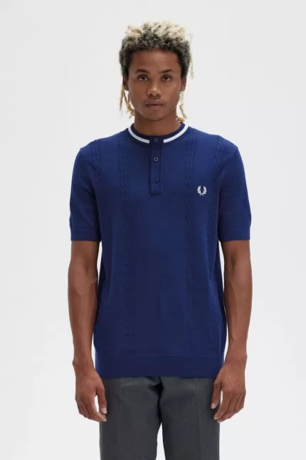 Fred Perry Cable Knit Henley Men's Shirt French Navy AFQXV7036