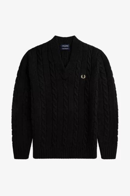 Fred Perry Cable Knit V Neck Men’s Jumper Black GYZEO0143