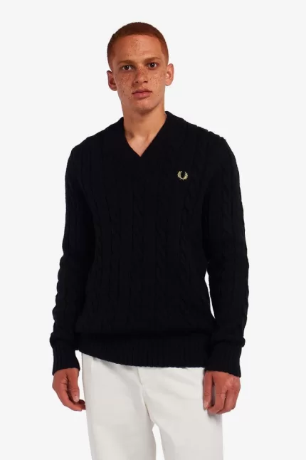 Fred Perry Cable Knit V Neck Men’s Jumper Black GYZEO0143