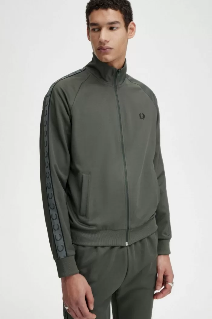 Fred Perry Contrast Tape Men’s Track Jackets Field Green Black XOMAS7806