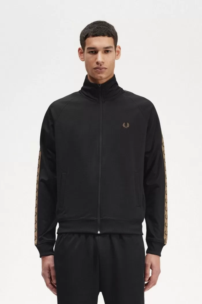 Fred Perry Contrast Tape Men’s Track Jackets Black Brown DSXBJ1632