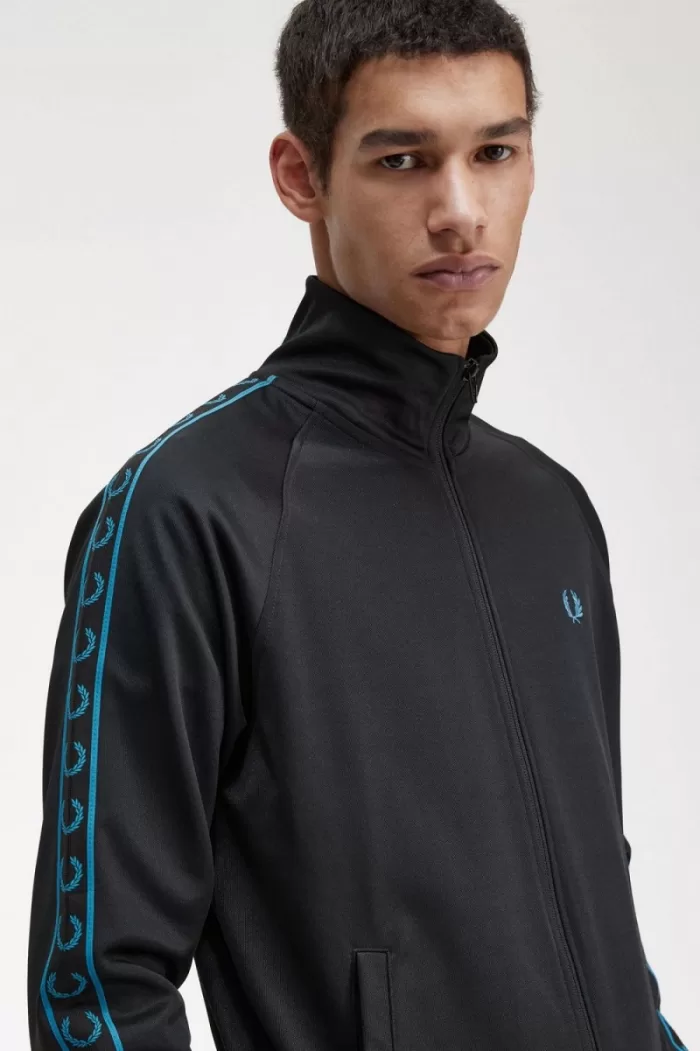 Fred Perry Contrast Tape Men’s Track Jackets Black Cyber Blue BDNSO1607