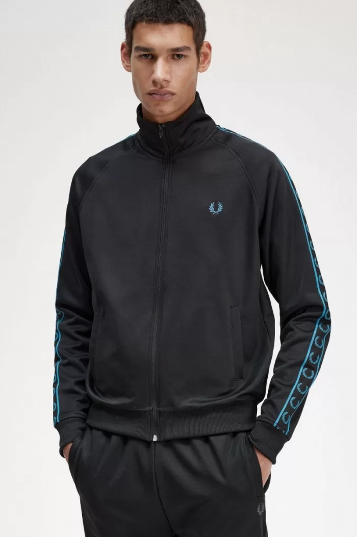 Fred Perry Contrast Tape Men’s Track Jackets Black Cyber Blue BDNSO1607