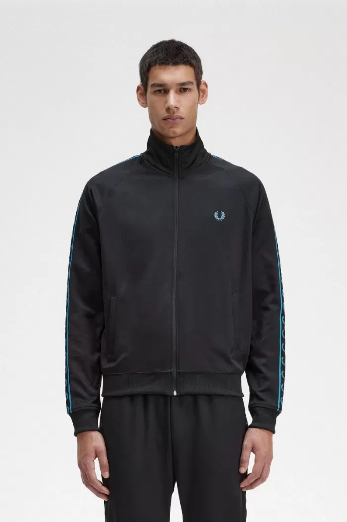 Fred Perry Contrast Tape Men’s Track Jackets Black Cyber Blue BDNSO1607