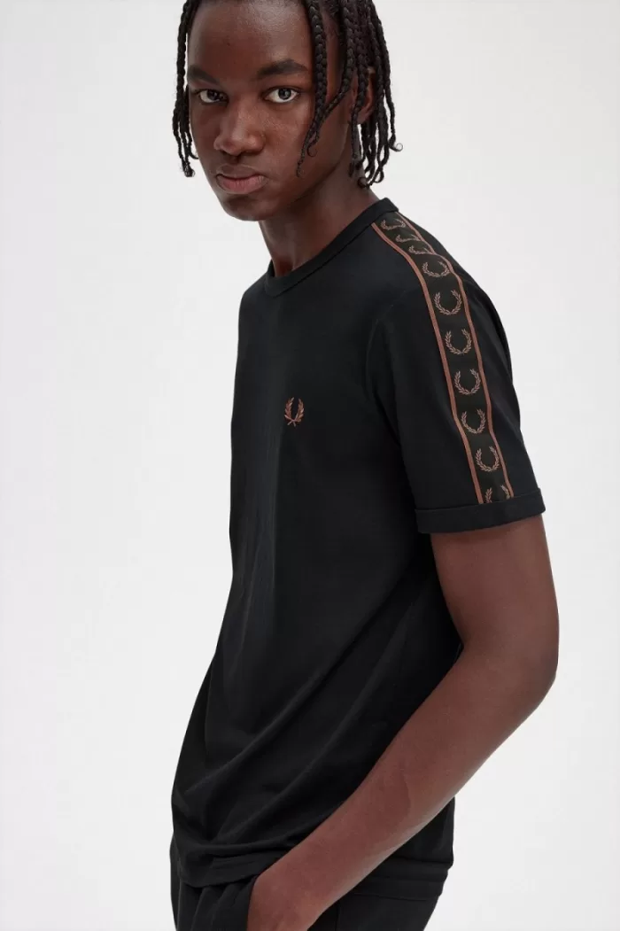 Fred Perry Contrast Tape Ringer Men’s T-Shirt Black Whisky Brown PJLIH8419