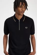 Fred Perry Crepe Pique Zip Neck Men’s Polo Shirt Black ANKMW6105