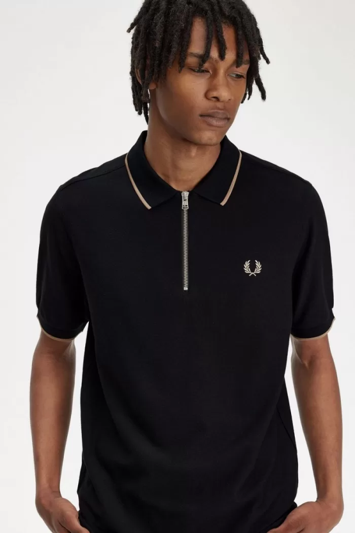 Fred Perry Crepe Pique Zip Neck Men’s Polo Shirt Black ANKMW6105