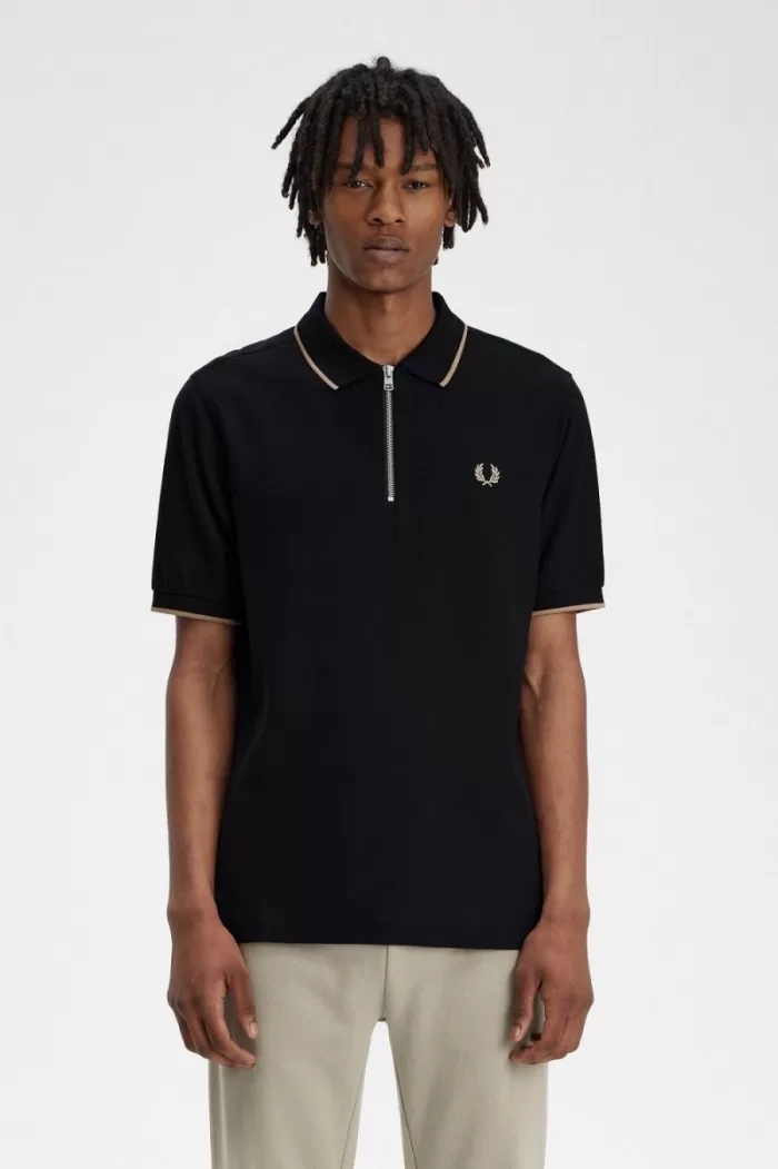 Fred Perry Crepe Pique Zip Neck Men’s Polo Shirt Black ANKMW6105