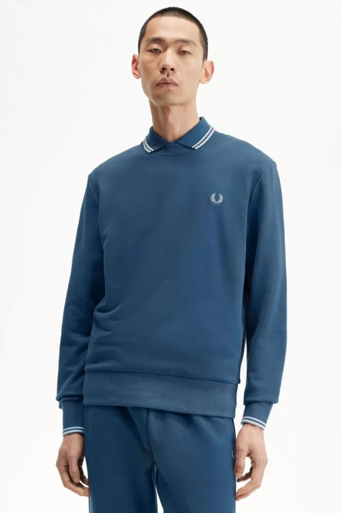 Fred Perry Crew Neck Men’s Sweatshirts Midnight Blue Light Aqua PTOXD1045