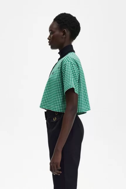 Fred Perry Cropped Gingham Piqué Women’s Polo Shirt Green FOHWT6529