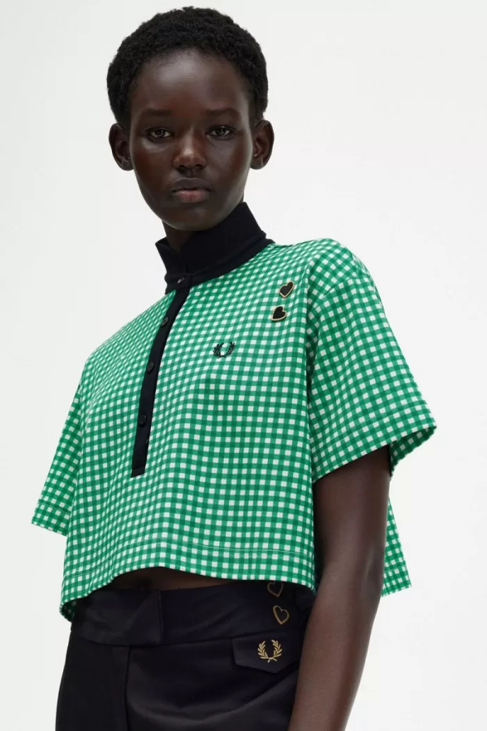 Fred Perry Cropped Gingham Piqué Women’s Polo Shirt Green FOHWT6529