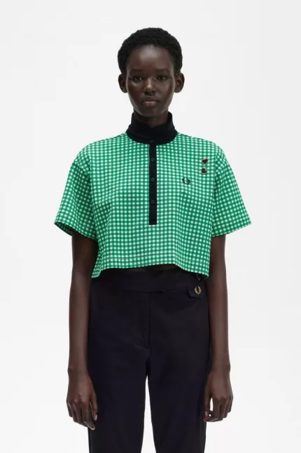 Fred Perry Cropped Gingham Piqué Women’s Polo Shirt Green FOHWT6529