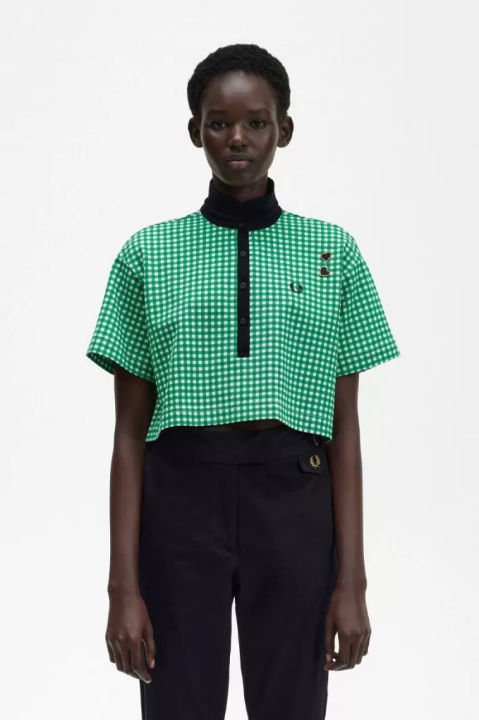 Fred Perry Cropped Gingham Piqué Women’s Polo Shirt Green FOHWT6529