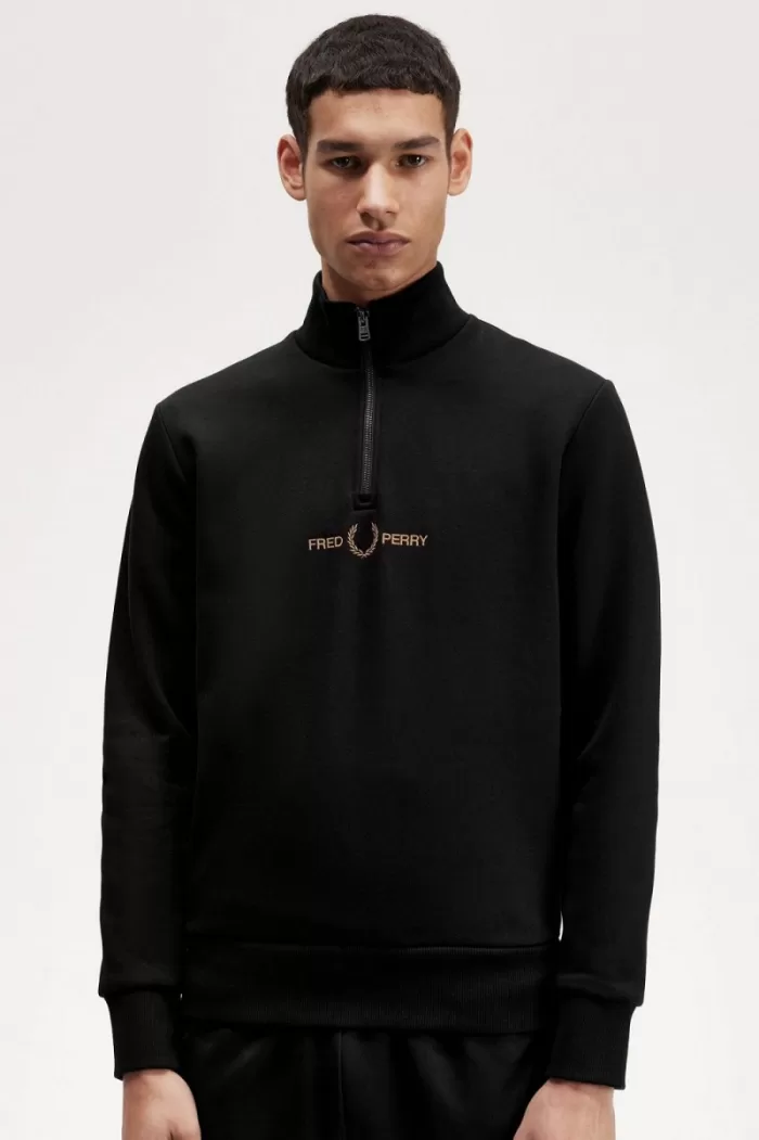 Fred Perry Double Graphic Half Zip Men’s Sweatshirts Black ZUOBY5624