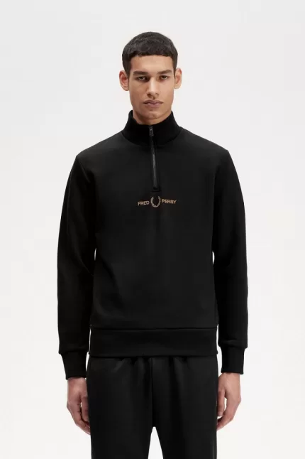 Fred Perry Double Graphic Half Zip Men’s Sweatshirts Black ZUOBY5624