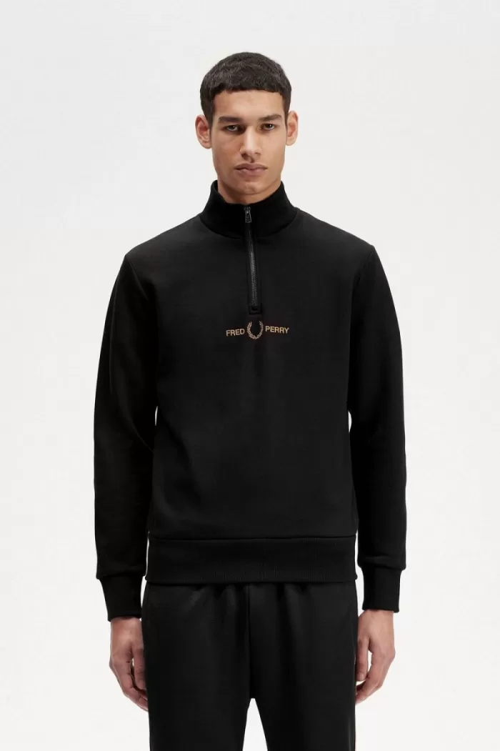 Fred Perry Double Graphic Half Zip Men’s Sweatshirts Black ZUOBY5624