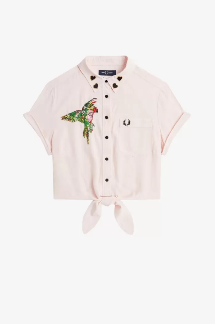 Fred Perry Embroidered Tie-Front Women’s Shirt Milky Pink USDXJ5298