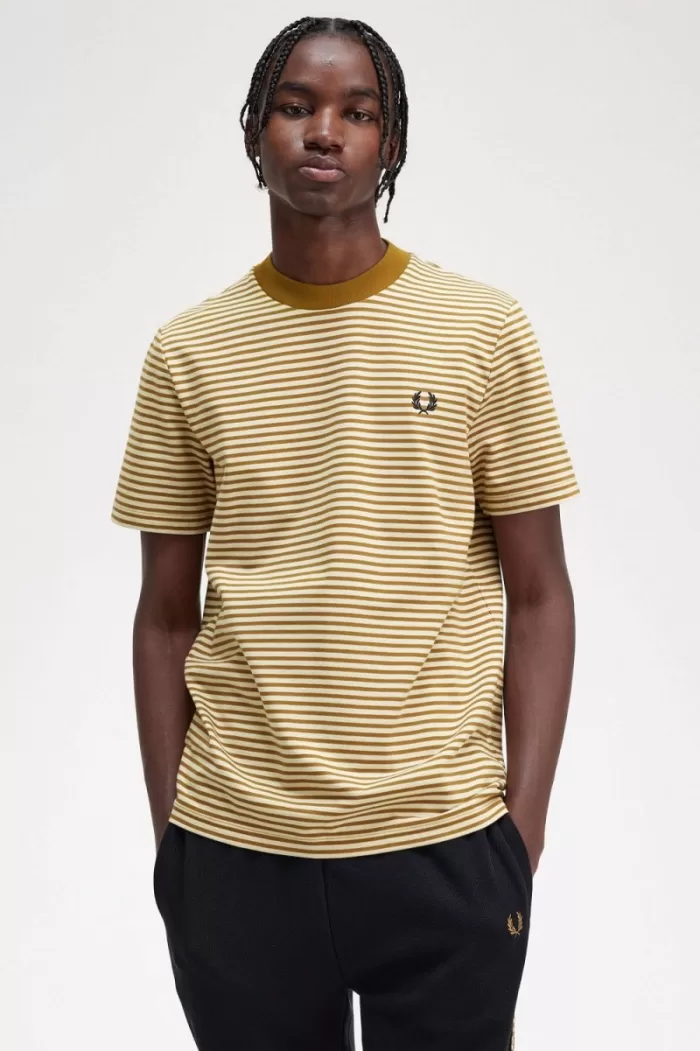 Fred Perry Fine Stripe Heavyweight Men’s T-Shirt Oatmeal Dark Coffee WUBJN5046