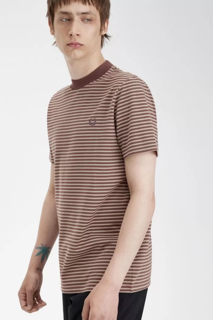 Fred Perry Fine Stripe Heavyweight Men’s T-Shirt Dark Red Warm Grey WLMOX2489