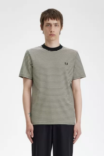 Fred Perry Fine Stripe Heavyweight Men’s T-Shirt Oatmeal Black HAGUW4218