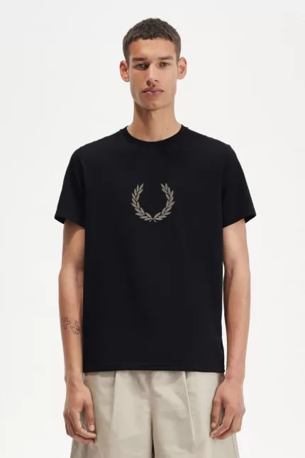 Fred Perry Flocked Laurel Wreath Men’s T-Shirt Black Warm Grey GFPHV8769