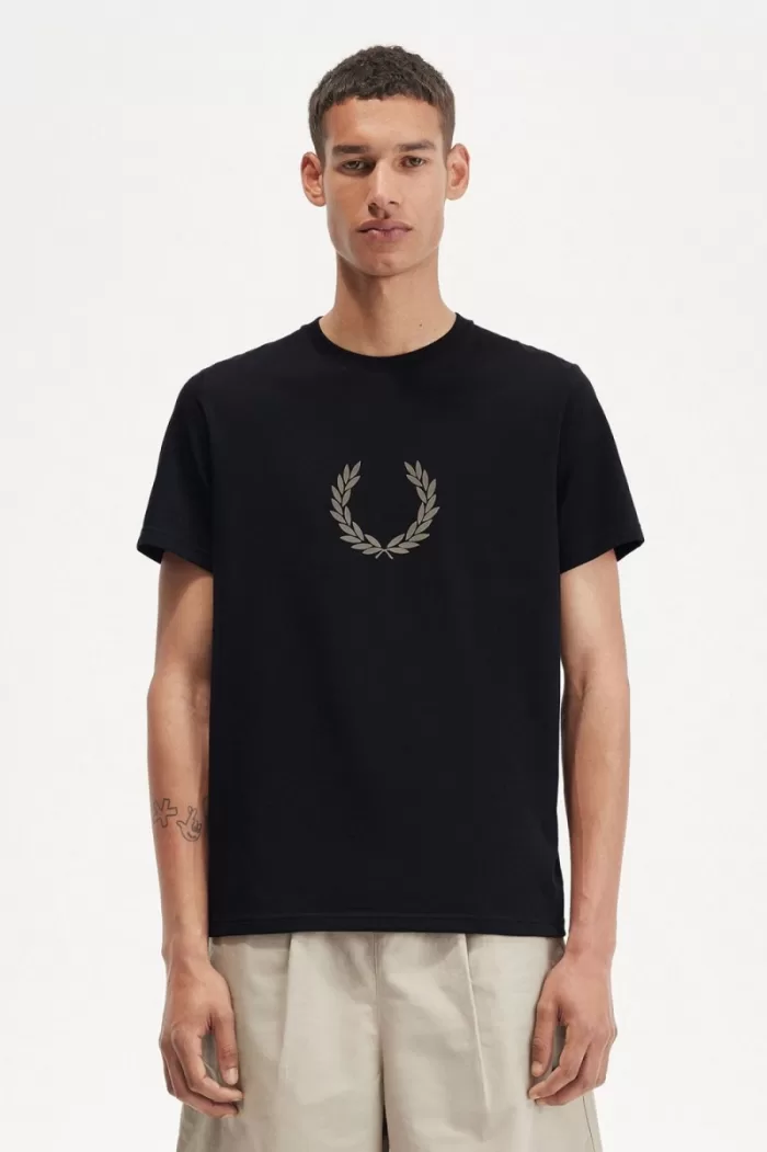 Fred Perry Flocked Laurel Wreath Men’s T-Shirt Black Warm Grey GFPHV8769