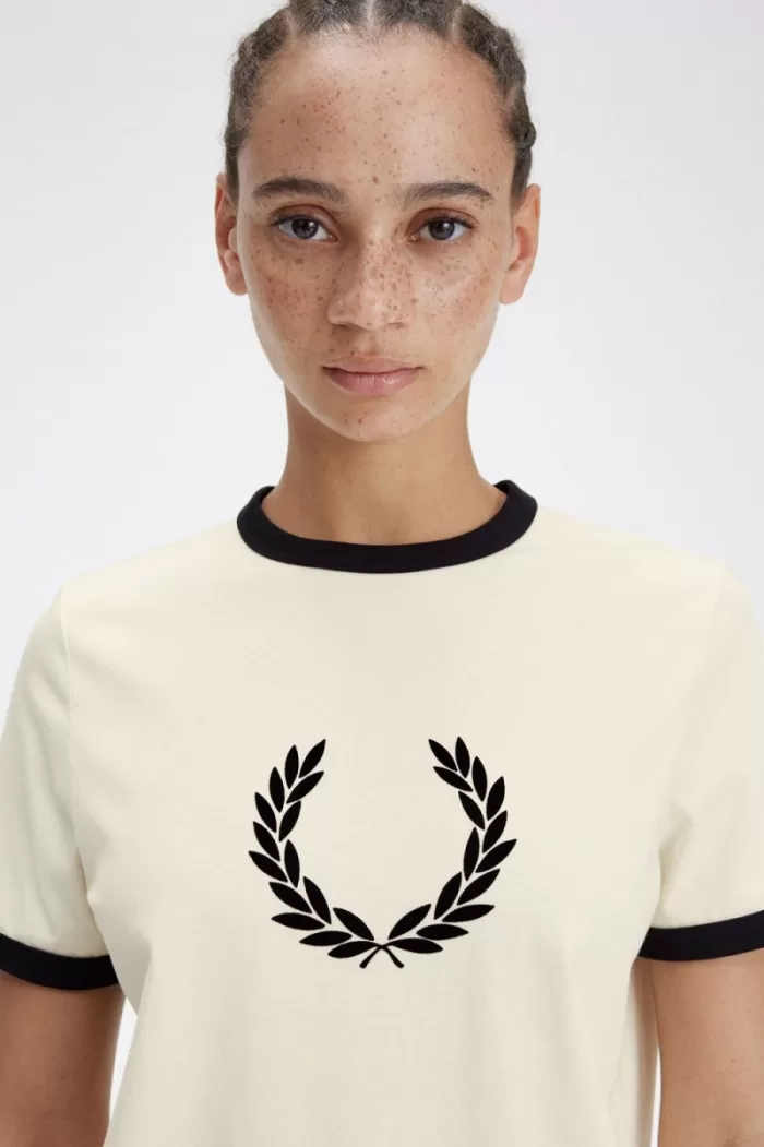 Fred Perry Flocked Laurel Wreath Women’s T-Shirt Beige JQPES0943