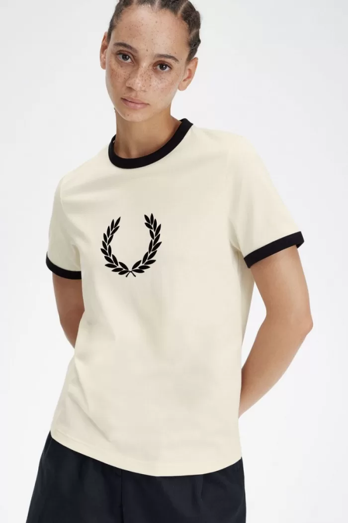 Fred Perry Flocked Laurel Wreath Women’s T-Shirt Beige JQPES0943