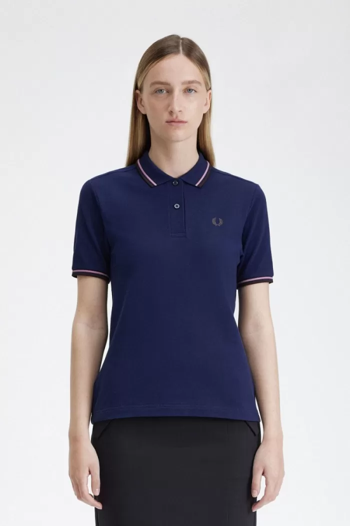 Fred Perry G3600 Women’s Shirt French Navy Dusty Rose Pink Dark Red YAVCO9752