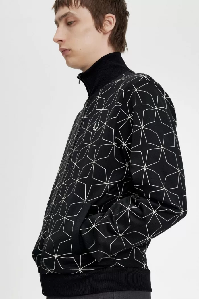 Fred Perry Geometric Print Men’s Track Jackets Black PQUJO2649