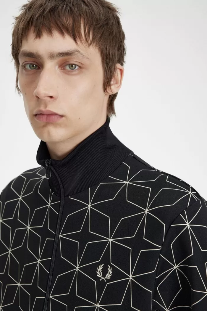 Fred Perry Geometric Print Men’s Track Jackets Black PQUJO2649