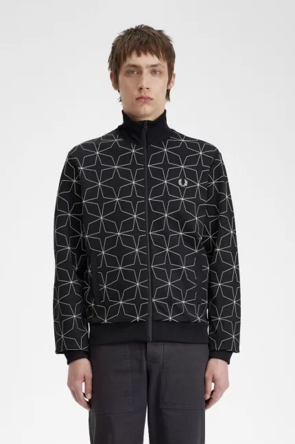 Fred Perry Geometric Print Men’s Track Jackets Black PQUJO2649