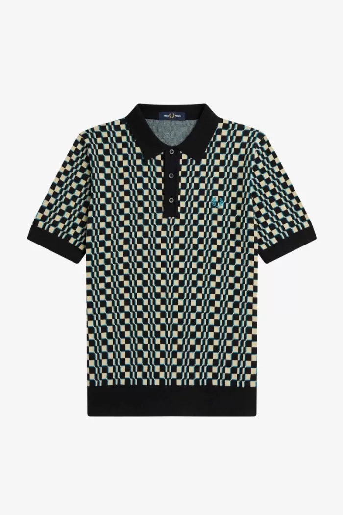 Fred Perry Glitch Chequerboard Knitted Men’s Shirt Light Mint Black AIYOU6104