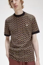 Fred Perry Glitch Chequerboard Men’s T-Shirt Brown Navy XSKQD5630