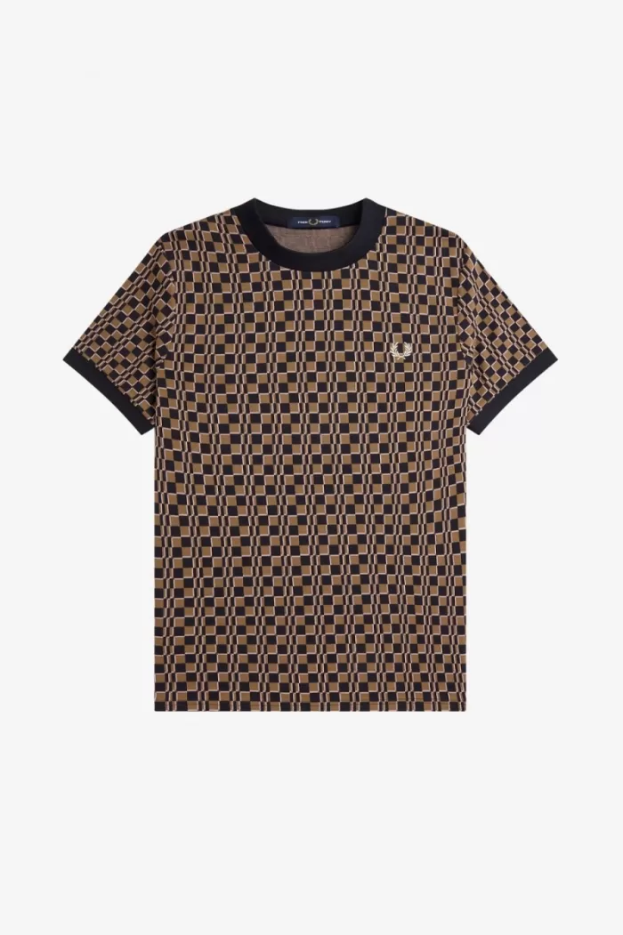 Fred Perry Glitch Chequerboard Men’s T-Shirt Brown Navy XSKQD5630