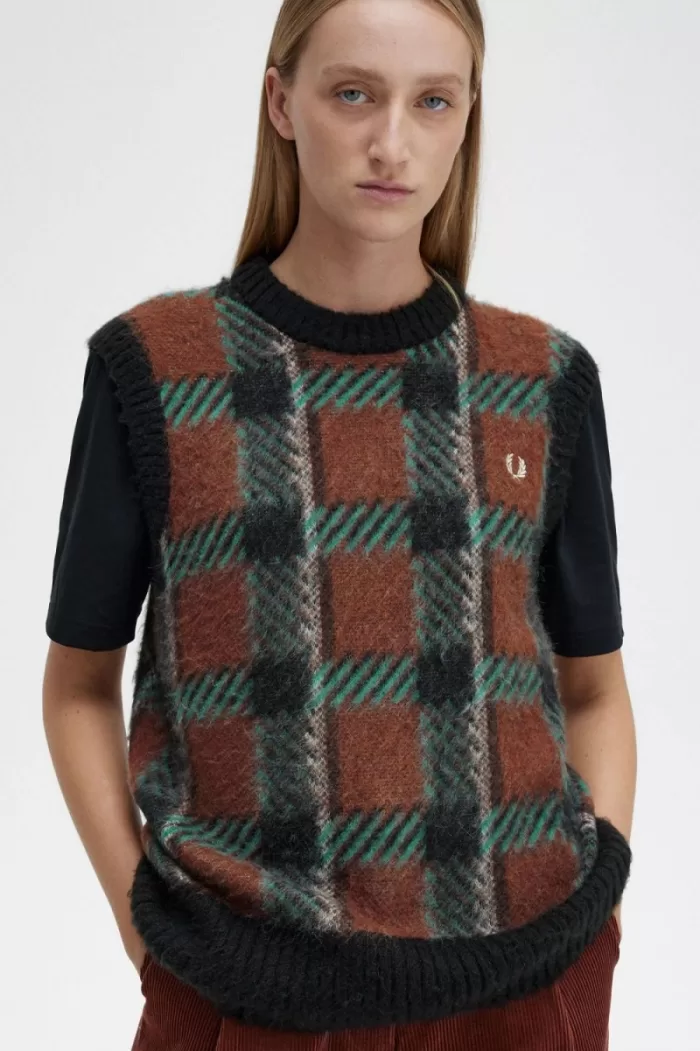 Fred Perry Glitch Tartan Knitted Women’s Tanks Whisky Brown SPNDB5312