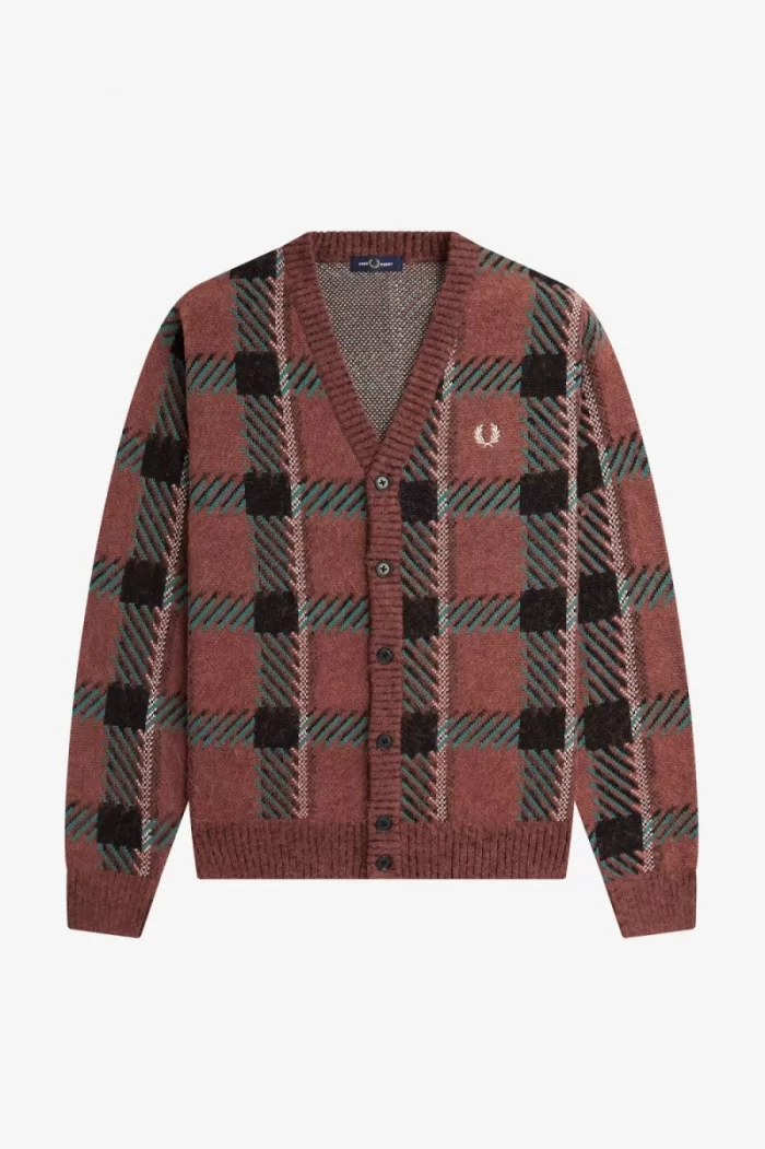 Fred Perry Glitch Tartan Men’s Cardigan Whisky Brown NSGJZ2403