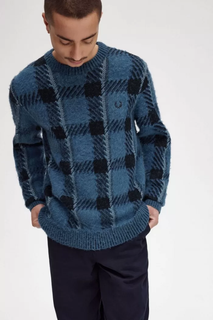 Fred Perry Glitch Tartan Men’s Jumper Midnight Blue FGDMH7390