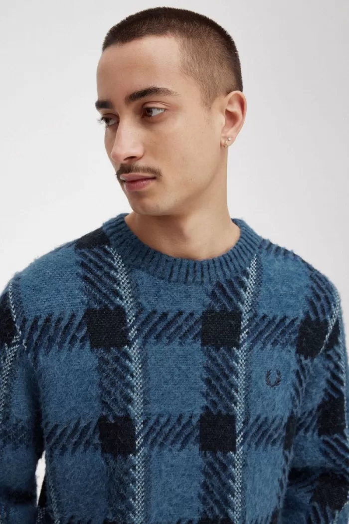 Fred Perry Glitch Tartan Men’s Jumper Midnight Blue FGDMH7390