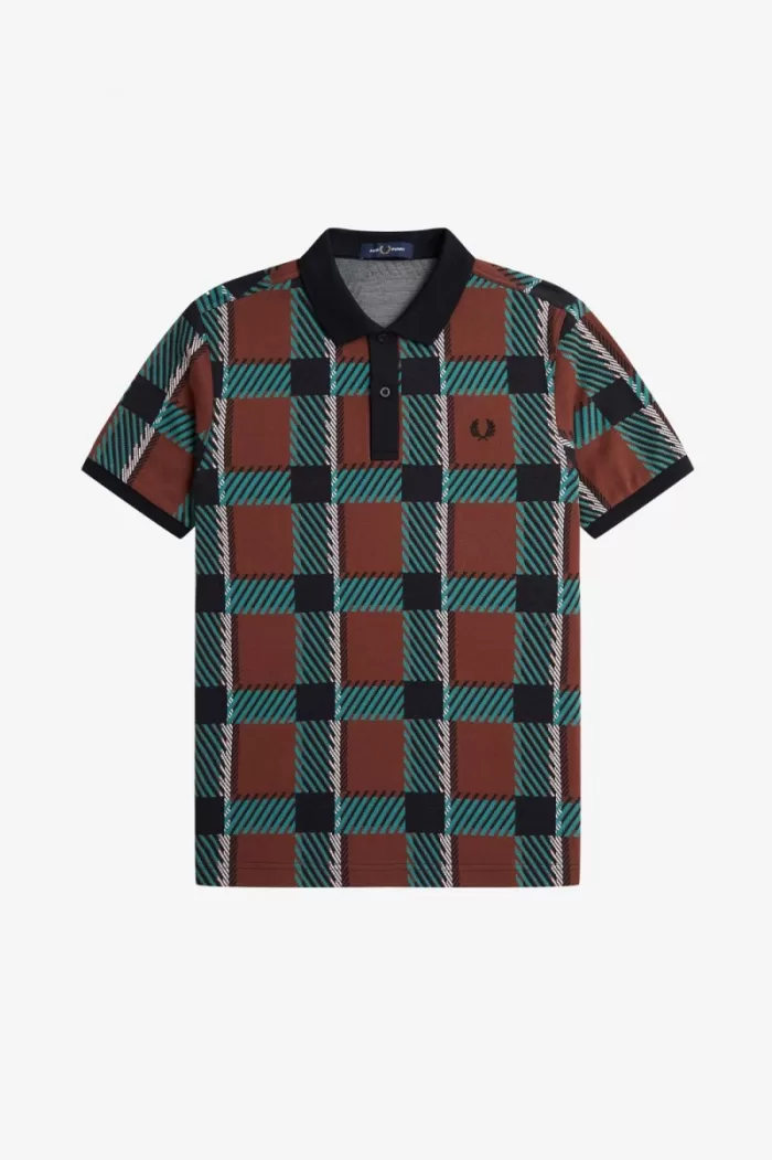 Fred Perry Glitch Tartan Men’s Polo Shirt Whisky Brown XIKEF2148