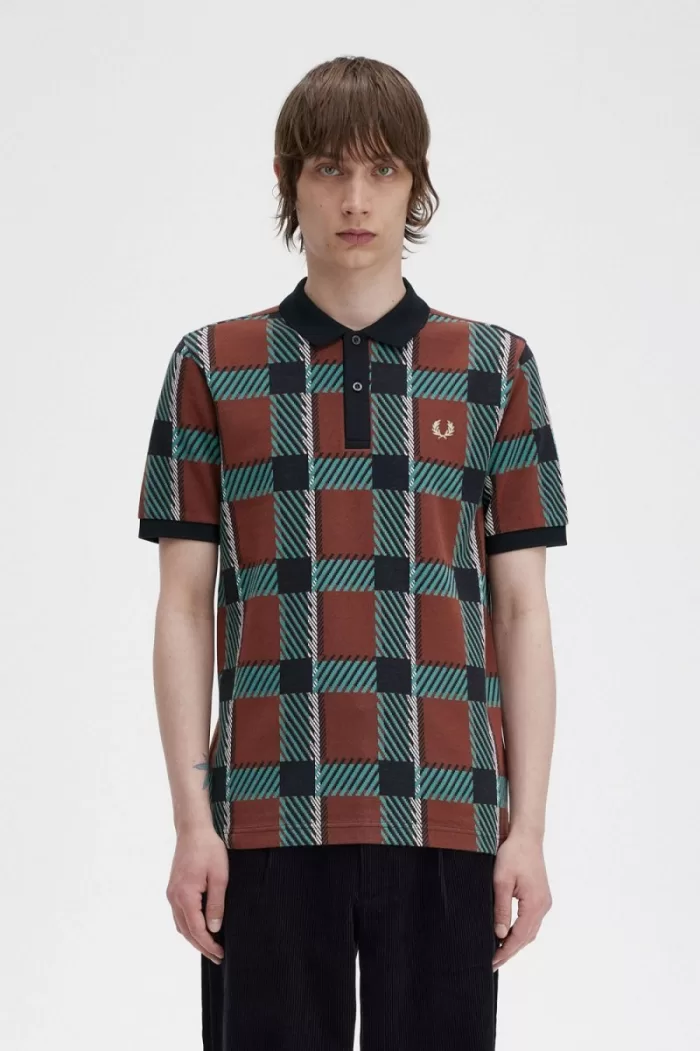 Fred Perry Glitch Tartan Men’s Polo Shirt Whisky Brown XIKEF2148