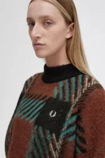 Fred Perry Glitch Tartan Women’s Jumper Whisky Brown QUFAO0821