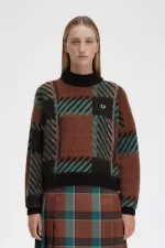 Fred Perry Glitch Tartan Women’s Jumper Whisky Brown QUFAO0821