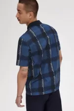 Fred Perry Glitch Tartan Zip Neck Men’s Polo Shirt Midnight Blue PDNYI5619