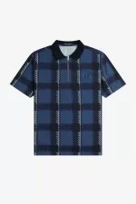 Fred Perry Glitch Tartan Zip Neck Men’s Polo Shirt Midnight Blue PDNYI5619