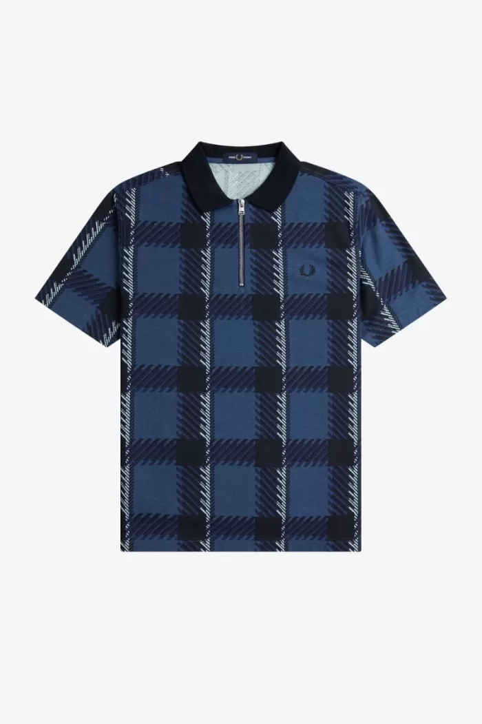 Fred Perry Glitch Tartan Zip Neck Men’s Polo Shirt Midnight Blue PDNYI5619