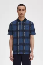 Fred Perry Glitch Tartan Zip Neck Men’s Polo Shirt Midnight Blue PDNYI5619