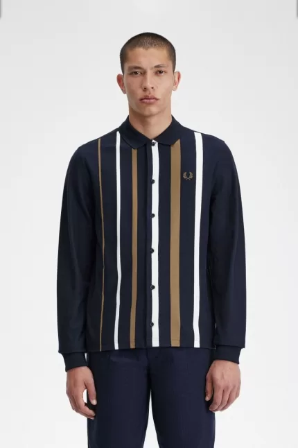 Fred Perry Gradient Stripe Long Sleeve Men’s Polo Shirt Navy MDUXH3617