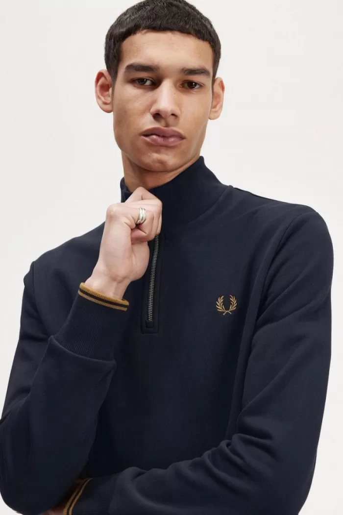 Fred Perry Half Zip Men’s Sweatshirts Navy Dark Coffee KADUN1058